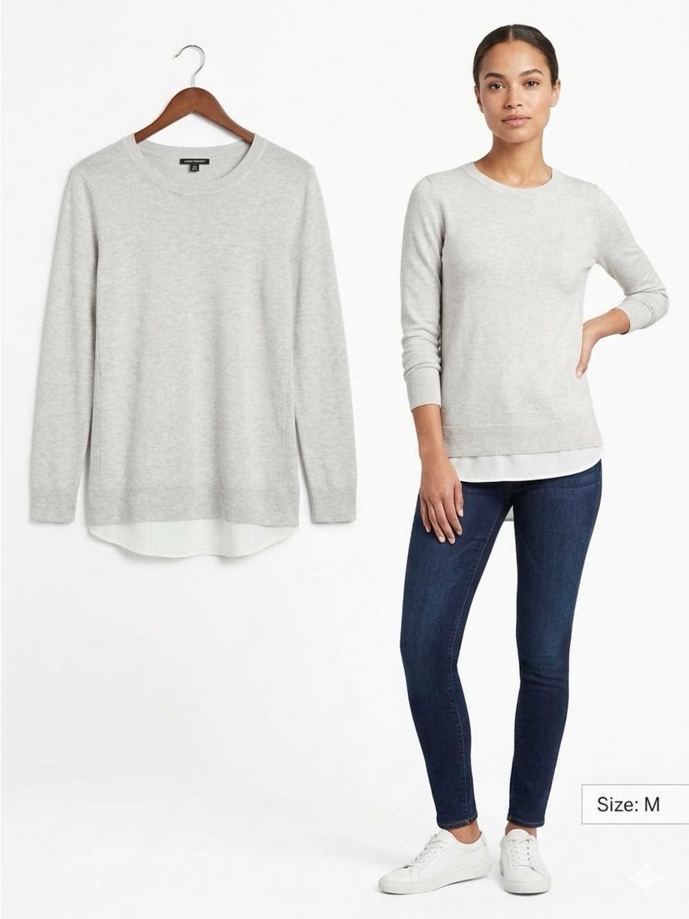 Hilary Radley Light Gray Ribbed Layered-Hem Crewneck Sweater Size M